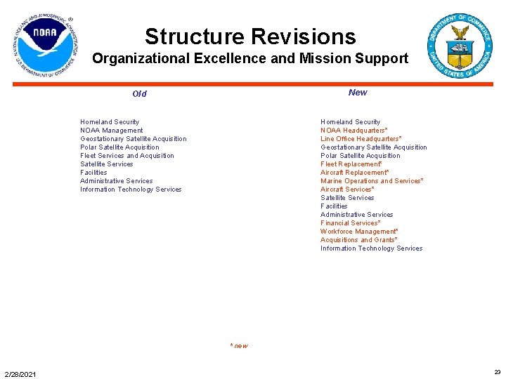 Structure Revisions Organizational Excellence and Mission Support New Old Homeland Security NOAA Management Geostationary