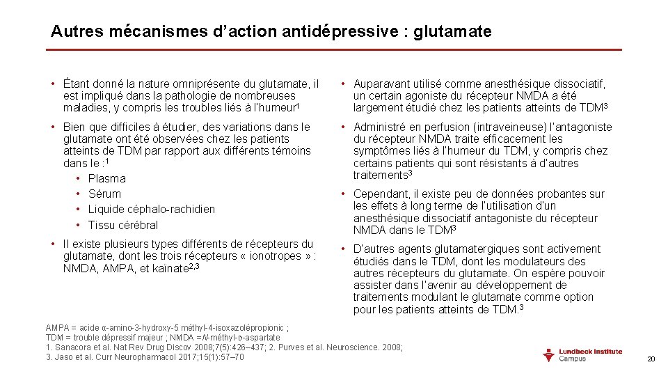 Autres mécanismes d’action antidépressive : glutamate • Étant donné la nature omniprésente du glutamate,