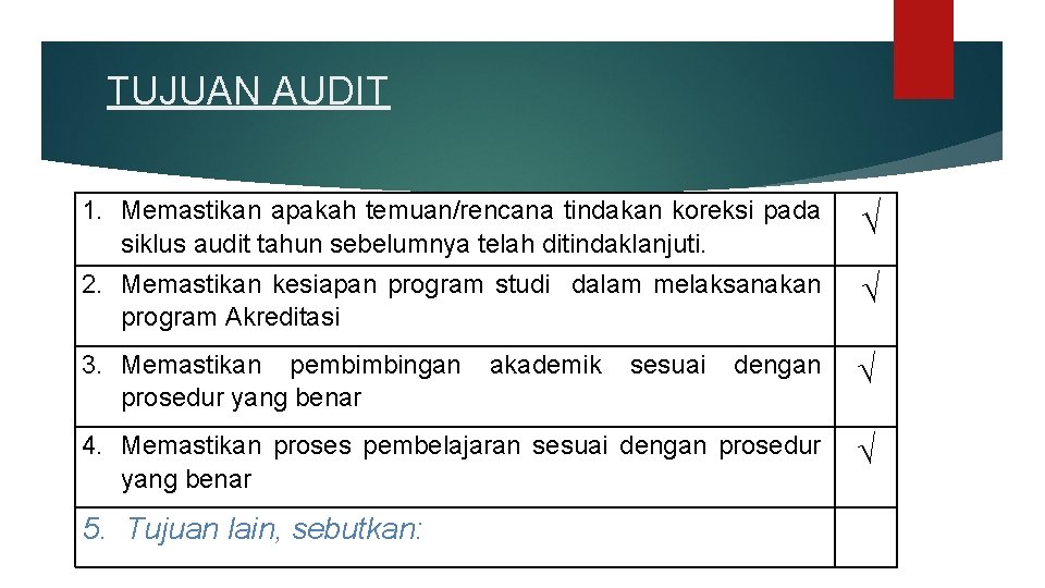 TUJUAN AUDIT 1. Memastikan apakah temuan/rencana tindakan koreksi pada siklus audit tahun sebelumnya telah