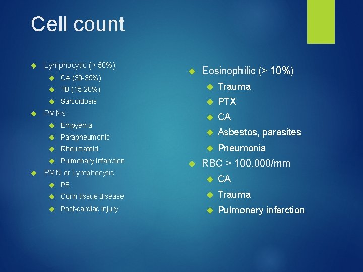 Cell count Lymphocytic (> 50%) CA (30 -35%) TB (15 -20%) Trauma Sarcoidosis PTX