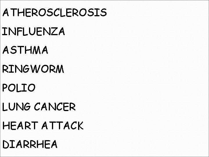 ATHEROSCLEROSIS INFLUENZA ASTHMA RINGWORM POLIO LUNG CANCER HEART ATTACK DIARRHEA 