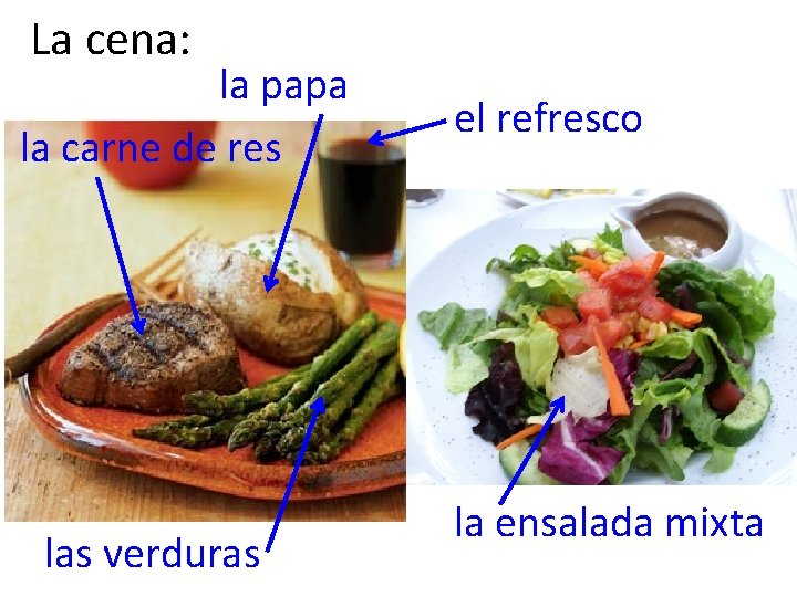 La cena: la papa la carne de res las verduras el refresco la ensalada