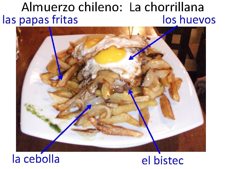 Almuerzo chileno: La chorrillana las papas fritas la cebolla los huevos el bistec 