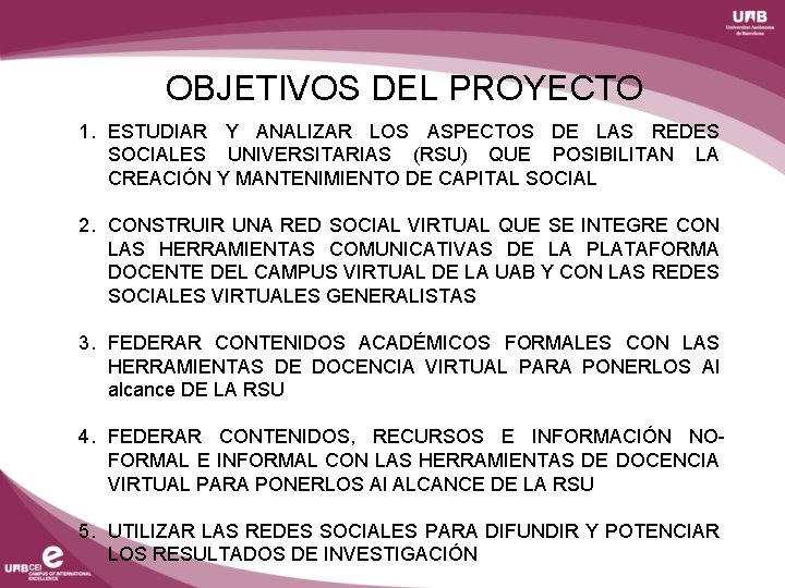 OBJETIVOS DEL PROYECTO 1. ESTUDIAR Y ANALIZAR LOS ASPECTOS DE LAS REDES SOCIALES UNIVERSITARIAS