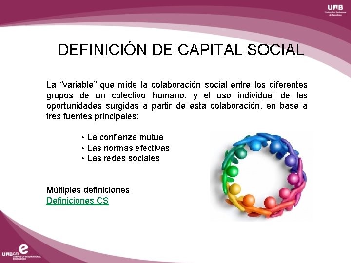 DEFINICIÓN DE CAPITAL SOCIAL La “variable” que mide la colaboración social entre los diferentes