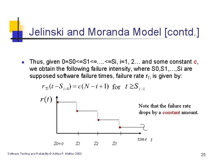 Jelinski and Moranda Model [contd. ] n Thus, given 0=S 0<=S 1<=…. <=Si, i=1,