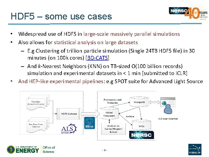 HDF 5 – some use cases • Widespread use of HDF 5 in large-scale