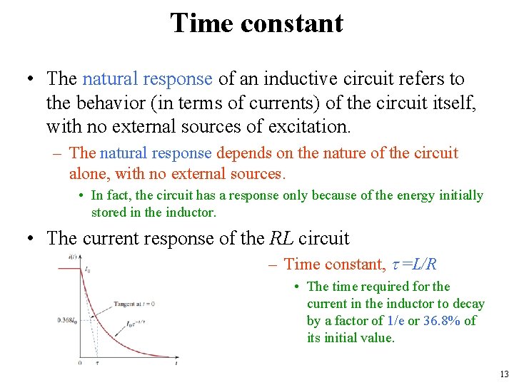 Time constant • The natural response of an inductive circuit refers to the behavior