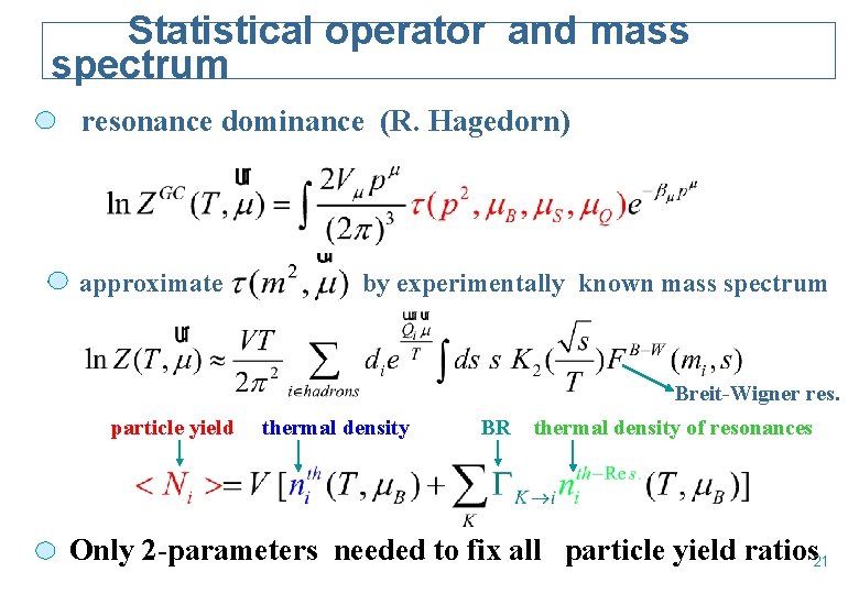 Statistical operator and mass spectrum resonance dominance (R. Hagedorn) + approximate by experimentally known
