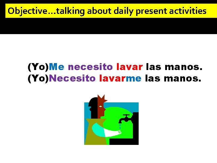 Objective…talking about daily present activities (Yo)Me necesito lavar las manos. (Yo)Necesito lavarme las manos.