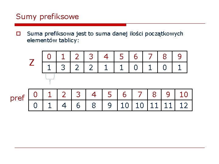 Sumy prefiksowe o Suma prefiksowa jest to suma danej ilości początkowych elementów tablicy: Z