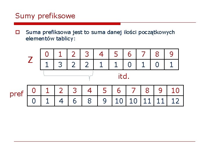 Sumy prefiksowe o Suma prefiksowa jest to suma danej ilości początkowych elementów tablicy: Z