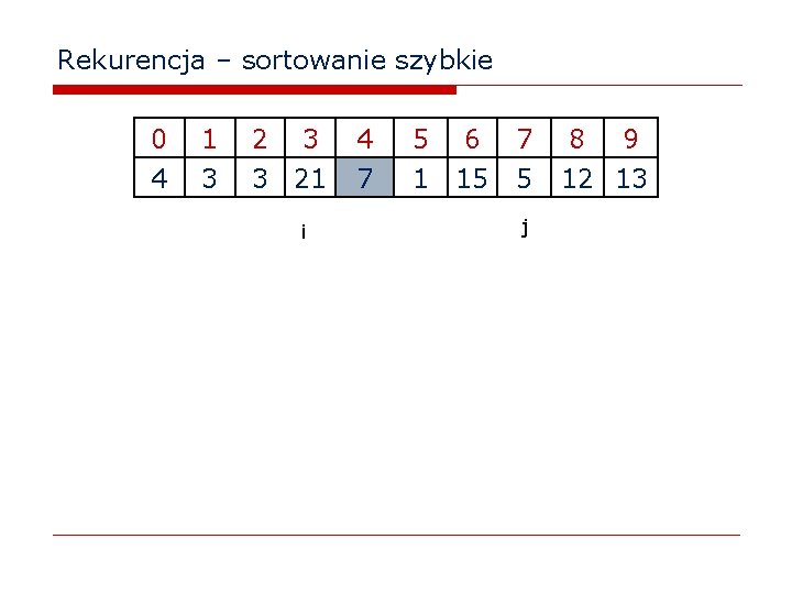 Rekurencja – sortowanie szybkie 0 4 1 3 2 3 3 21 i 4