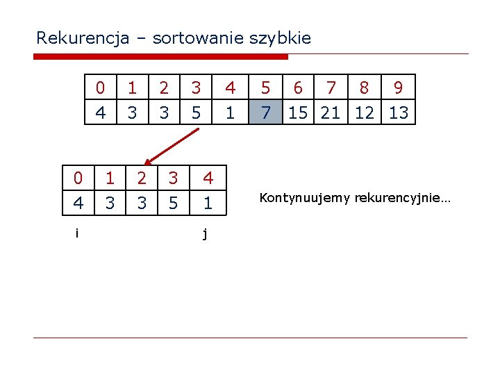 Rekurencja – sortowanie szybkie 0 4 i 1 3 2 3 3 5 4