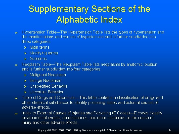 Supplementary Sections of the Alphabetic Index Hypertension Table—The Hypertension Table lists the types of