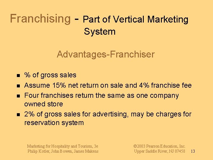 Franchising - Part of Vertical Marketing System Advantages-Franchiser n n % of gross sales