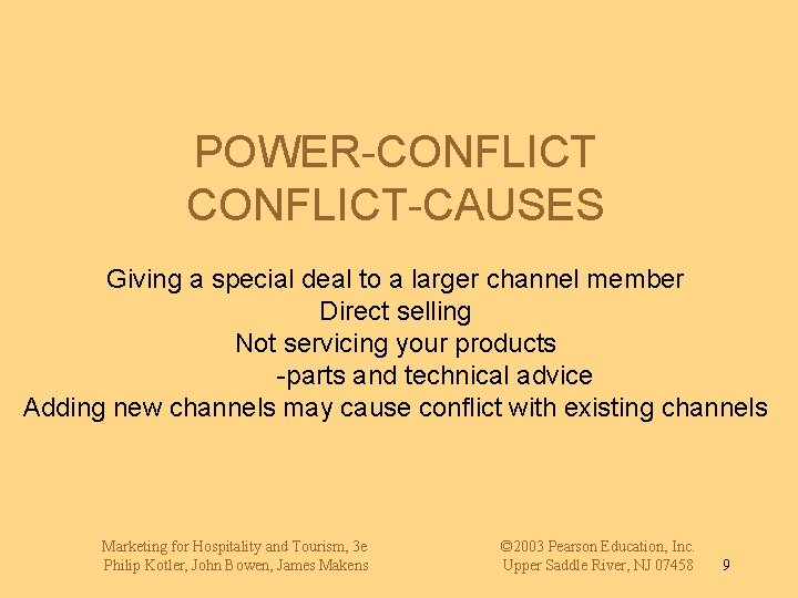 POWER-CONFLICT-CAUSES Giving a special deal to a larger channel member Direct selling Not servicing