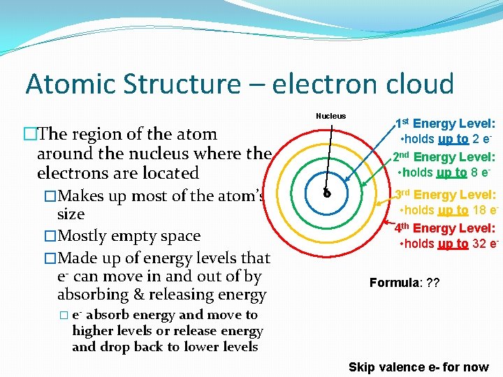 Atomic Structure – electron cloud Nucleus �The region of the atom around the nucleus