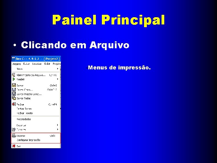 Painel Principal • Clicando em Arquivo -Menus de impressão. 