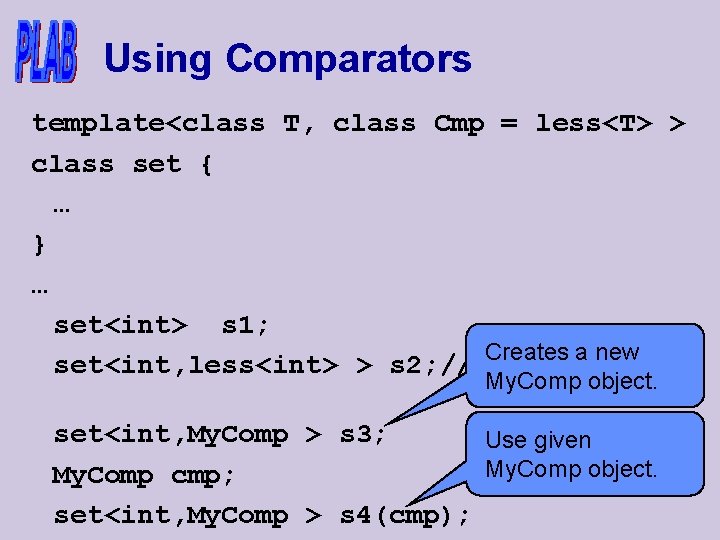 Using Comparators template<class T, class Cmp = less<T> > class set { … }