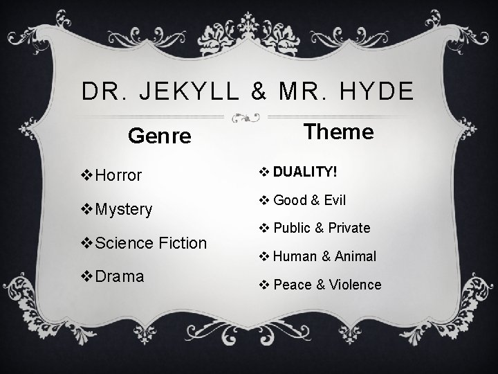 DR. JEKYLL & MR. HYDE Genre v. Horror v. Mystery v. Science Fiction v.