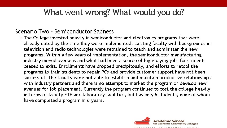 What went wrong? What would you do? Scenario Two – Semiconductor Sadness • The