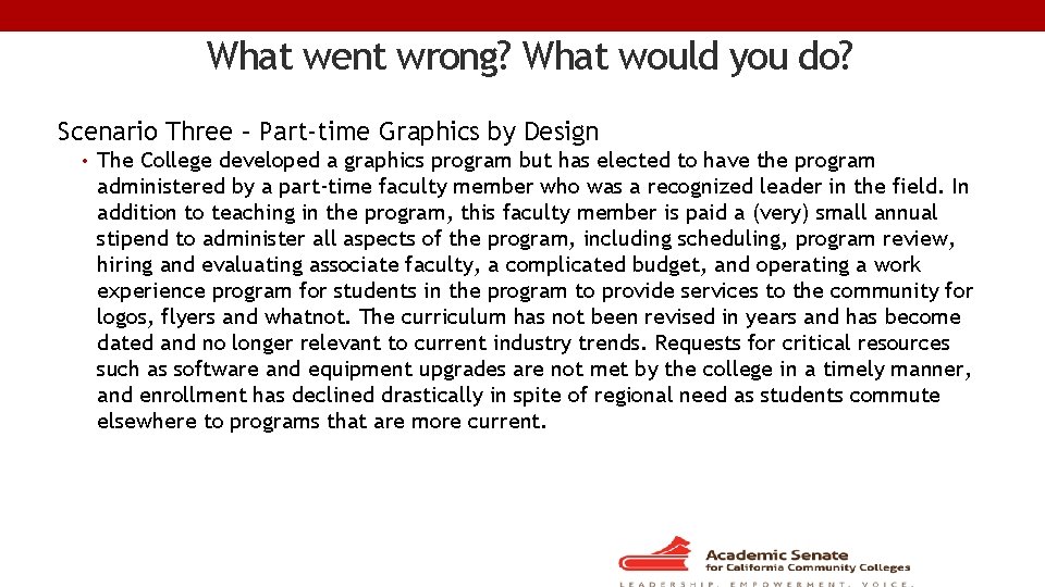 What went wrong? What would you do? Scenario Three – Part-time Graphics by Design
