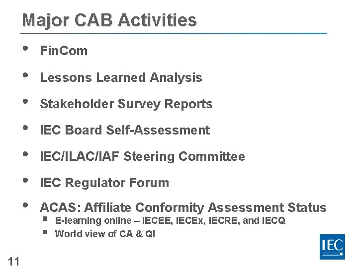 Major CAB Activities • • 11 Fin. Com Lessons Learned Analysis Stakeholder Survey Reports