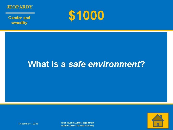 JEOPARDY Gender and sexuality $1000 What is a safe environment? December 1, 2018 Texas
