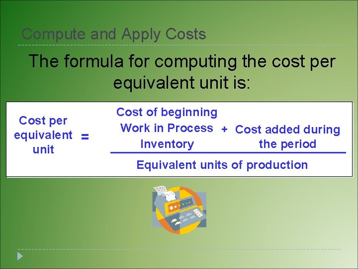 Compute and Apply Costs The formula for computing the cost per equivalent unit is: Compute and Apply Costs The formula for computing the cost per equivalent unit is:
