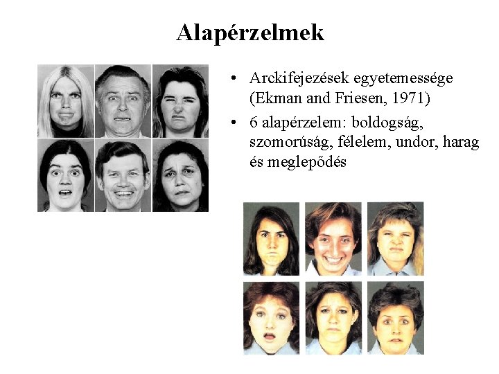 Alapérzelmek • Arckifejezések egyetemessége (Ekman and Friesen, 1971) • 6 alapérzelem: boldogság, szomorúság, félelem,