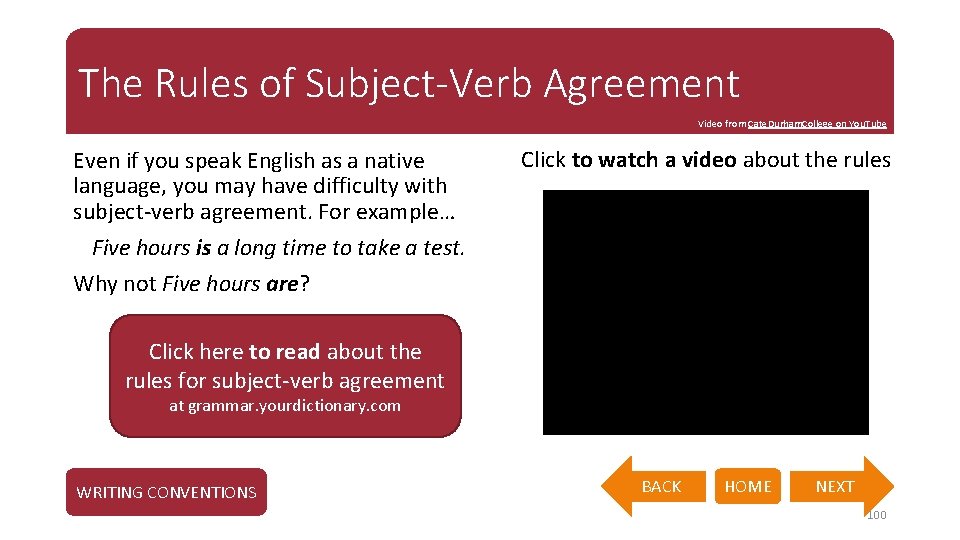 The Rules of Subject-Verb Agreement Video from Cate. Durham. College on You. Tube Even