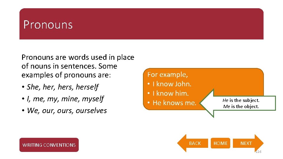 Pronouns are words used in place of nouns in sentences. Some examples of pronouns