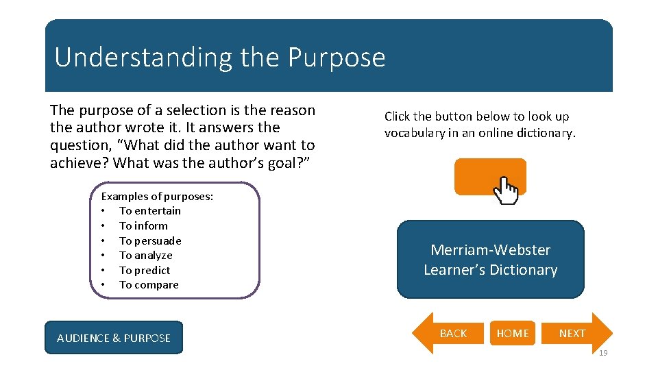 Understanding the Purpose The purpose of a selection is the reason the author wrote