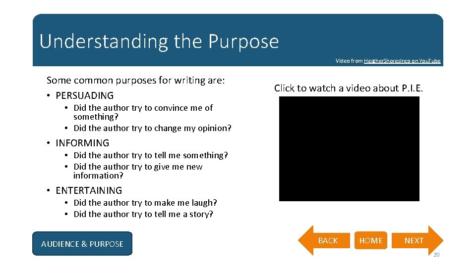 Understanding the Purpose Video from Heather. Shores. Inco on You. Tube Some common purposes
