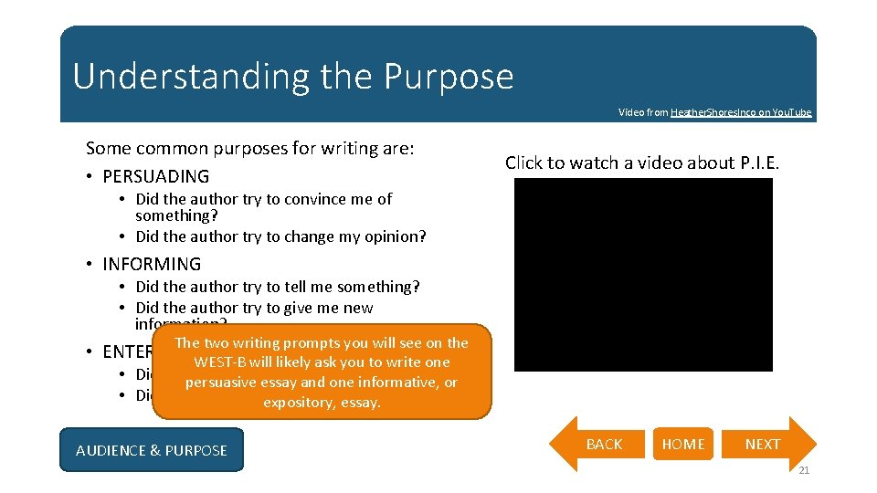 Understanding the Purpose Video from Heather. Shores. Inco on You. Tube Some common purposes