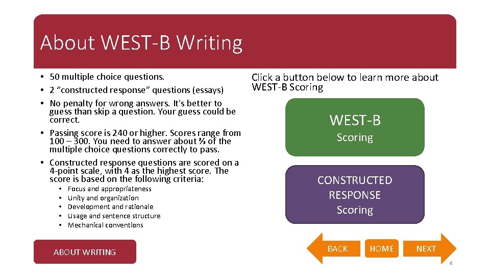 About WEST-B Writing • 50 multiple choice questions. Click a button below to learn