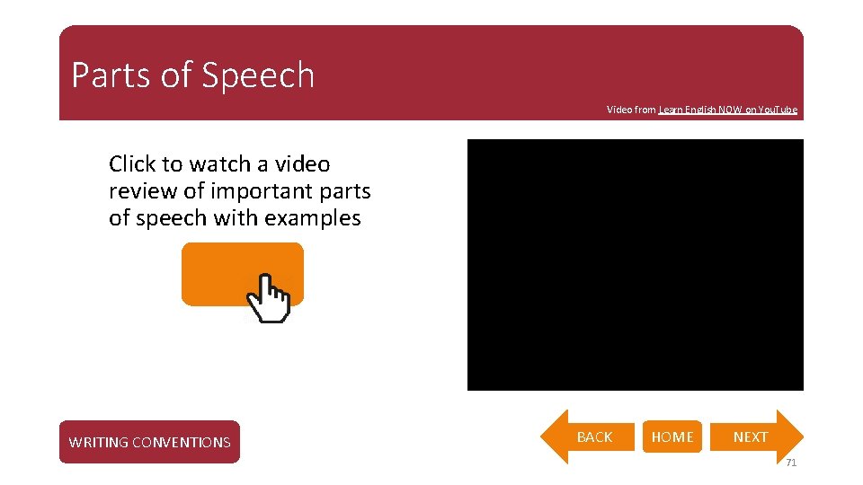 Parts of Speech Video from Learn English NOW on You. Tube Click to watch