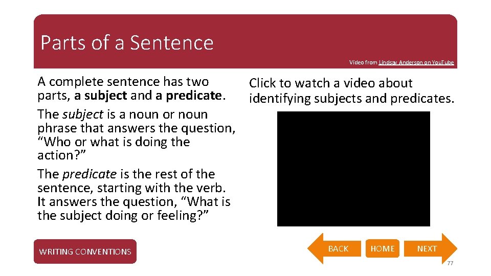 Parts of a Sentence Video from Lindsay Anderson on You. Tube A complete sentence