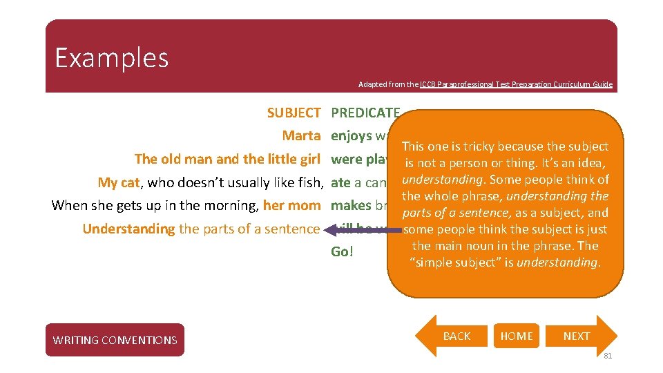 Examples Adapted from the ICCB Paraprofessional Test Preparation Curriculum Guide SUBJECT PREDICATE Marta enjoys