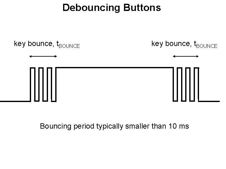 Debouncing Buttons key bounce, t. BOUNCE Bouncing period typically smaller than 10 ms 