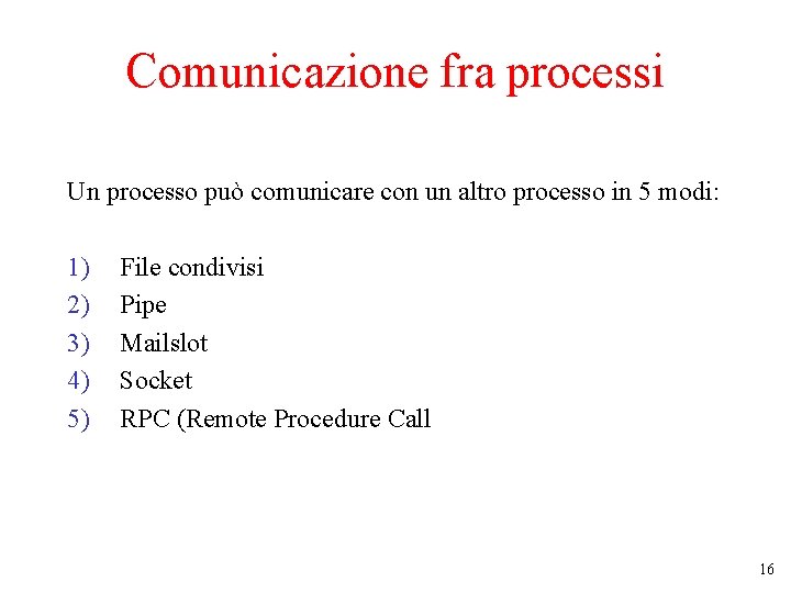 Comunicazione fra processi Un processo può comunicare con un altro processo in 5 modi: