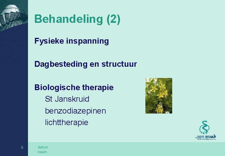 Behandeling (2) Fysieke inspanning Dagbesteding en structuur Biologische therapie St Janskruid benzodiazepinen lichttherapie 6