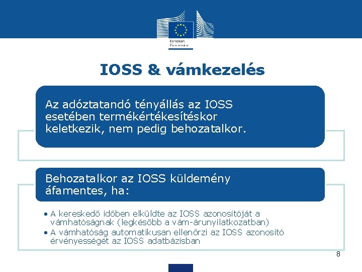 IOSS & vámkezelés Az adóztatandó tényállás az IOSS esetében termékértékesítéskor keletkezik, nem pedig behozatalkor.
