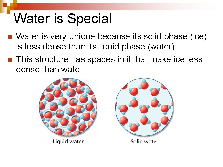 Water is Special n n Water is very unique because its solid phase (ice)