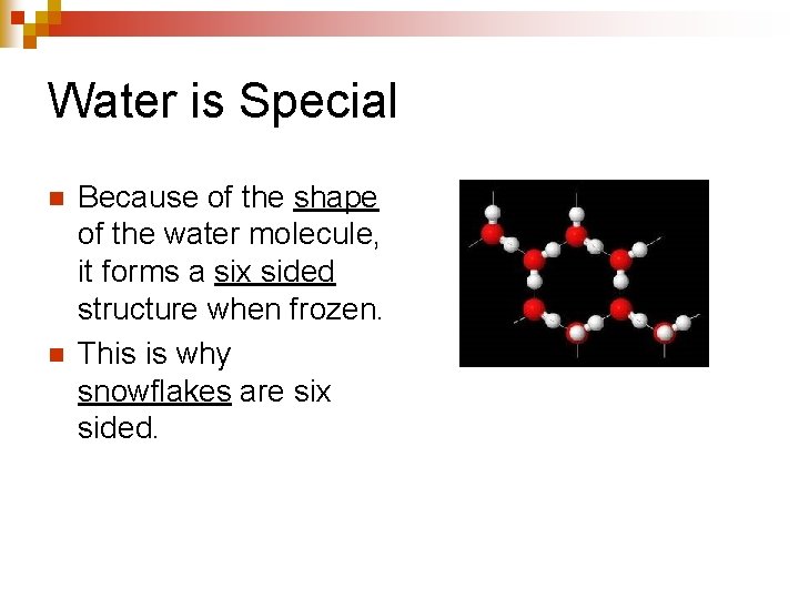 Water is Special n n Because of the shape of the water molecule, it