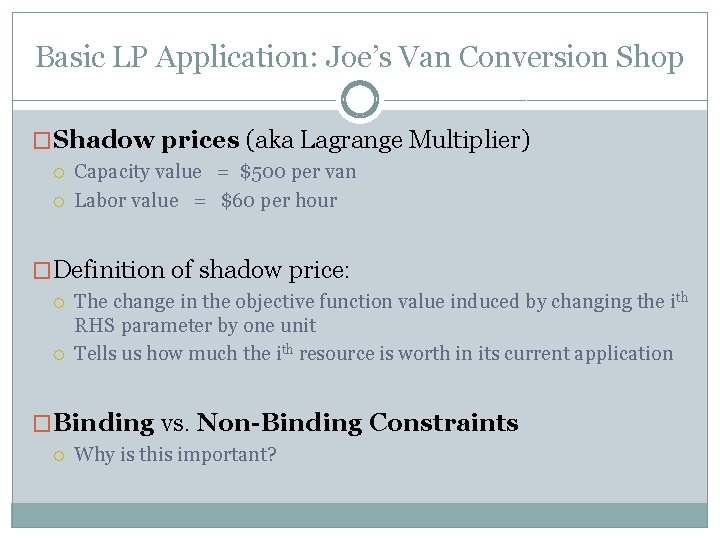 Basic LP Application: Joe’s Van Conversion Shop �Shadow prices (aka Lagrange Multiplier) Capacity value Basic LP Application: Joe’s Van Conversion Shop �Shadow prices (aka Lagrange Multiplier) Capacity value