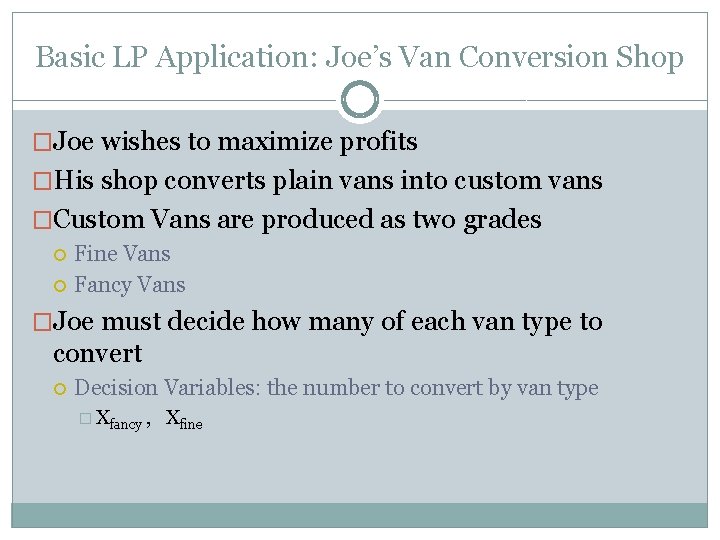 Basic LP Application: Joe’s Van Conversion Shop �Joe wishes to maximize profits �His shop Basic LP Application: Joe’s Van Conversion Shop �Joe wishes to maximize profits �His shop
