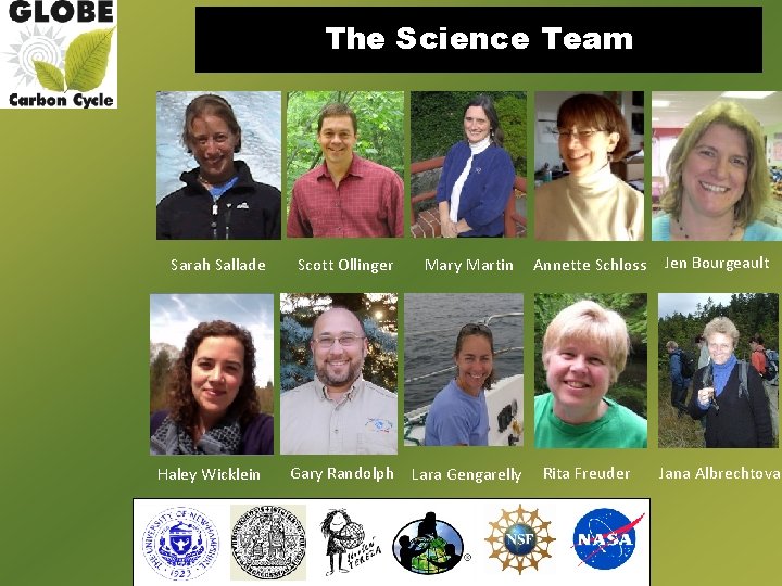 The Science Team Sarah Sallade Scott Ollinger Mary Martin Annette Schloss Jen Bourgeault Haley