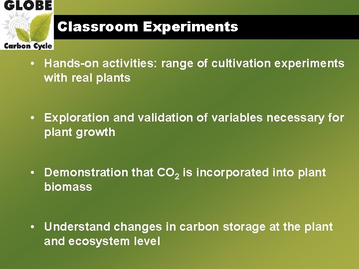 Classroom Experiments • Hands-on activities: range of cultivation experiments with real plants • Exploration